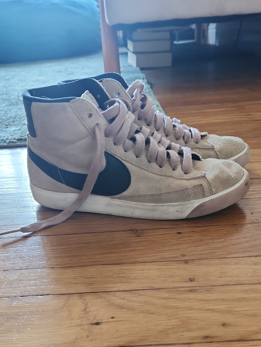 Nike High-Top Suede Sneakers in Beige with Black Swoosh
